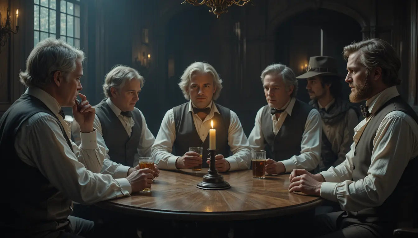 Men in period clothing gathered around a candlelit table