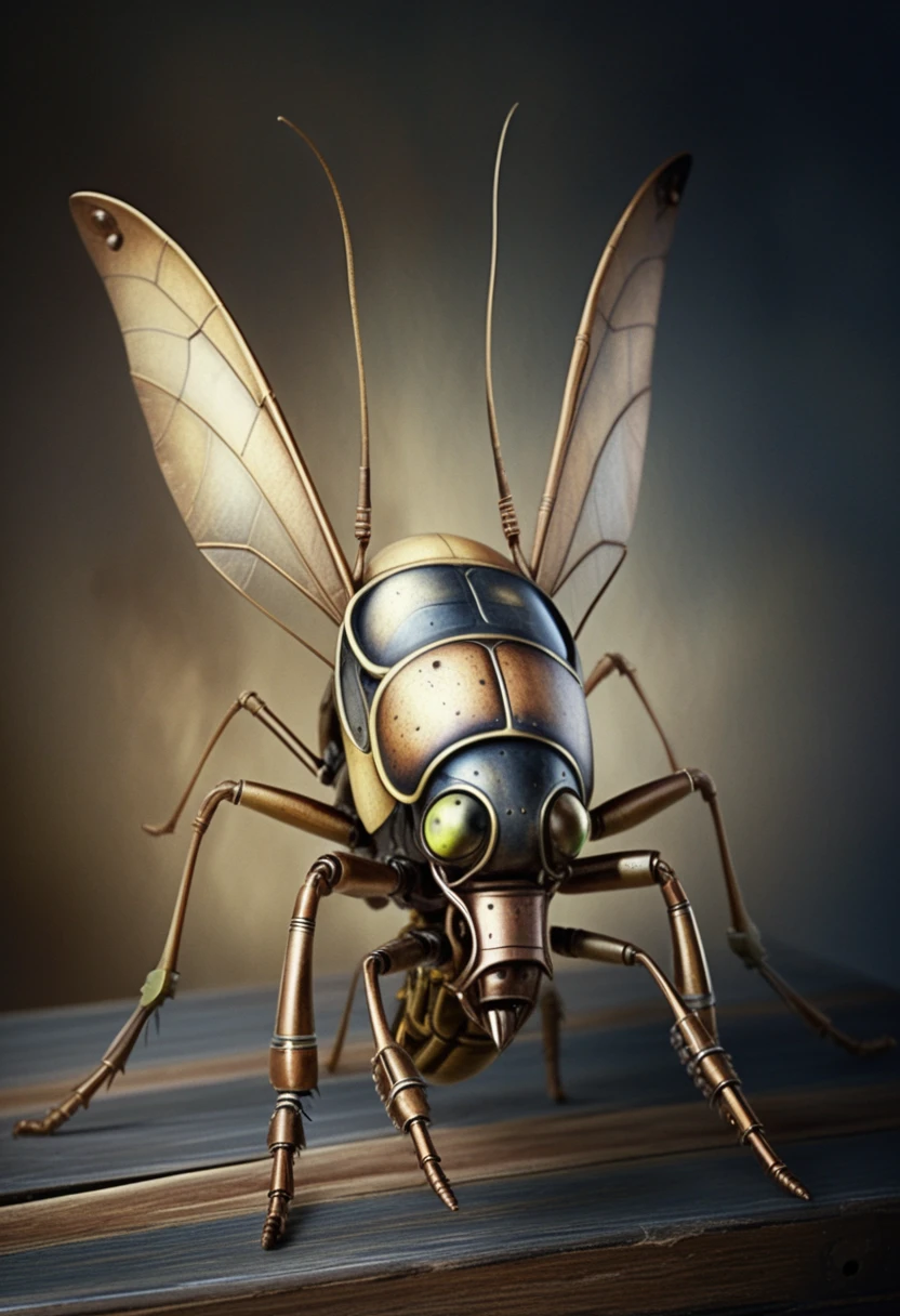Hyper realistic steampunk mechanical cricket on wooden base