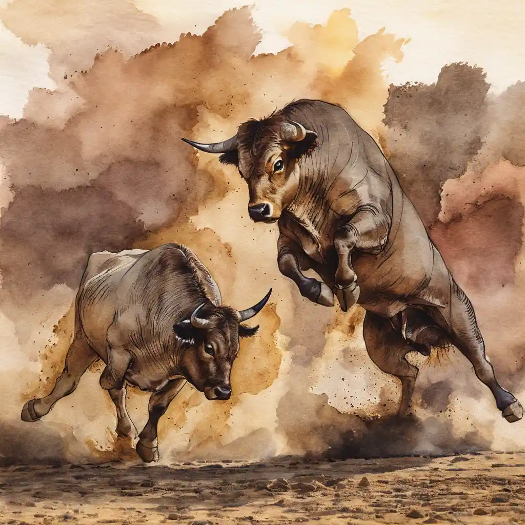 Two bulls colliding mid air in a cloud of dust