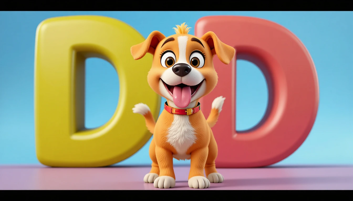 Cagnolino 3D cartoon felice con grande lettera D sullo sfondo