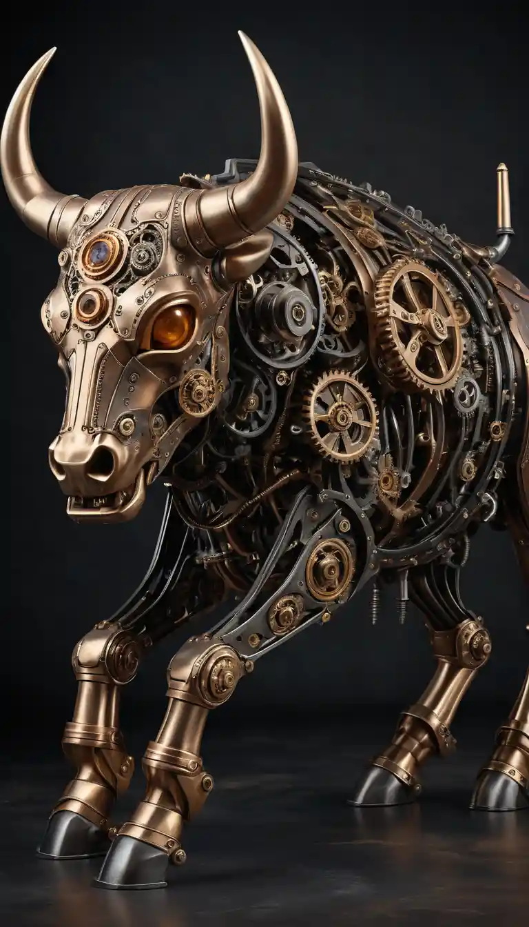 Steampunk mechanical bull charging through a golden sky