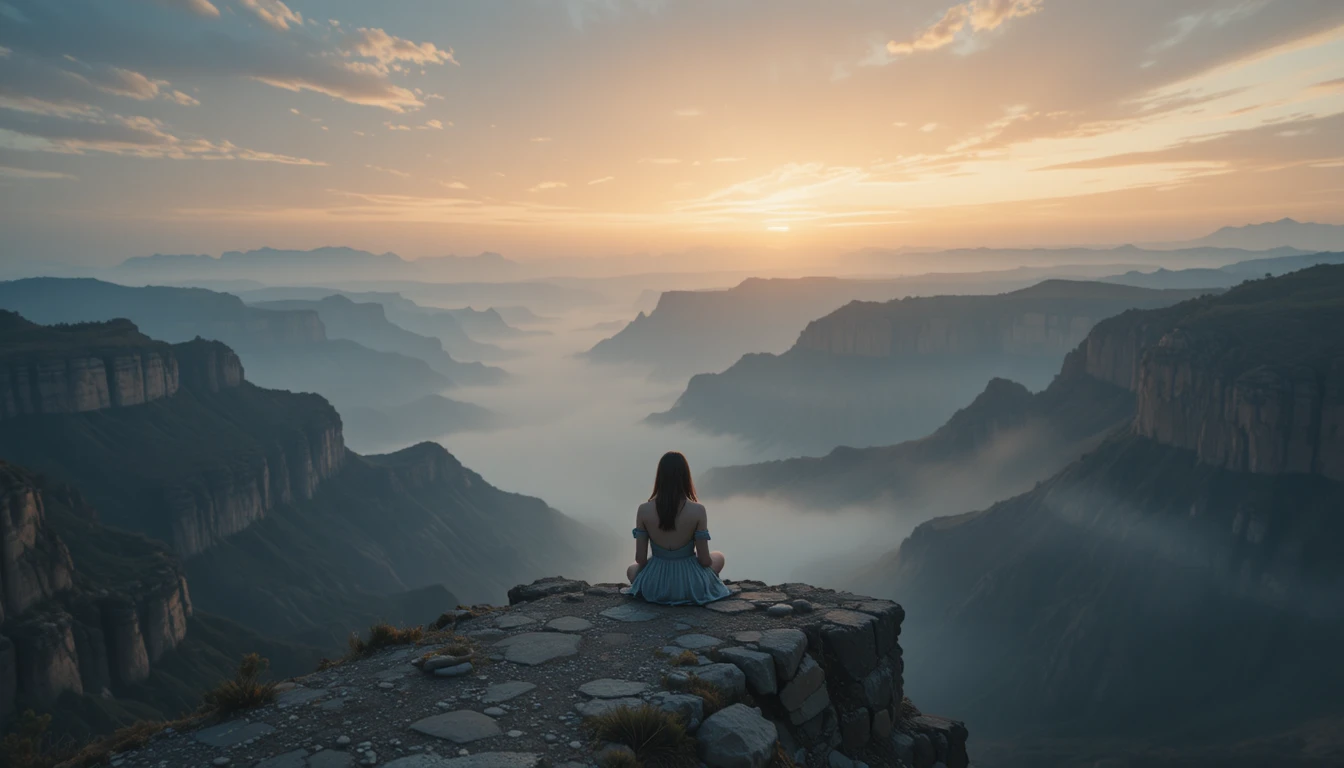 Woman alone at dawn on misty canyon overlook