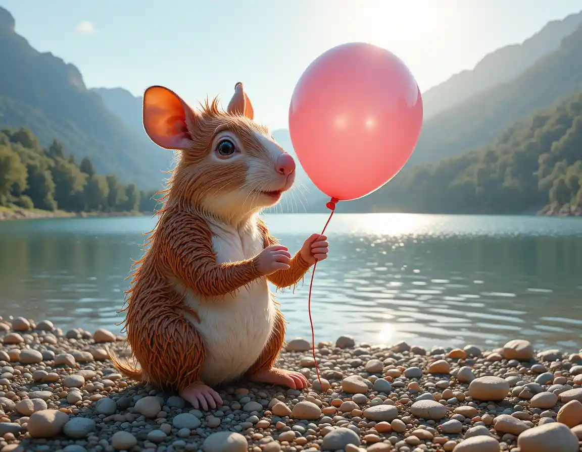 Cute hedgehog holding a pink balloon by a calm lake