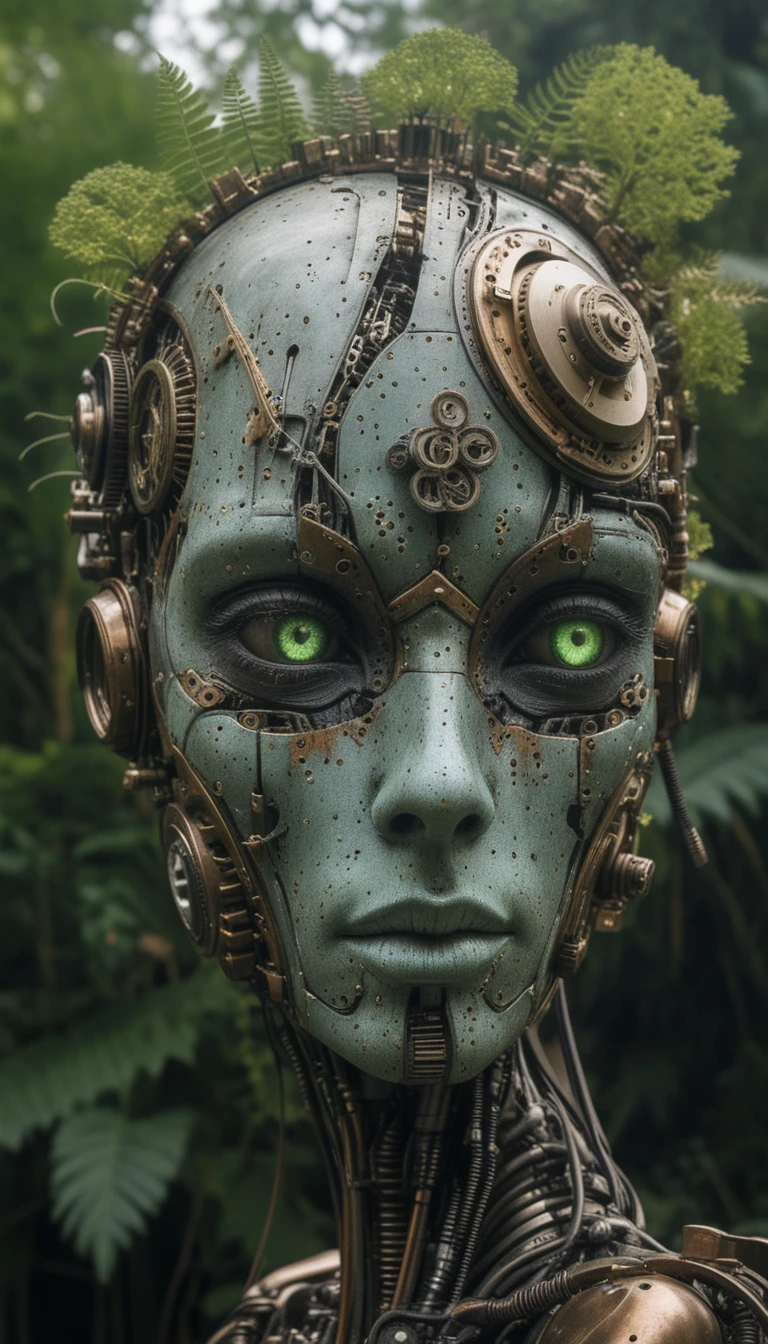 Surreal biomechanical android head merging forest and machine