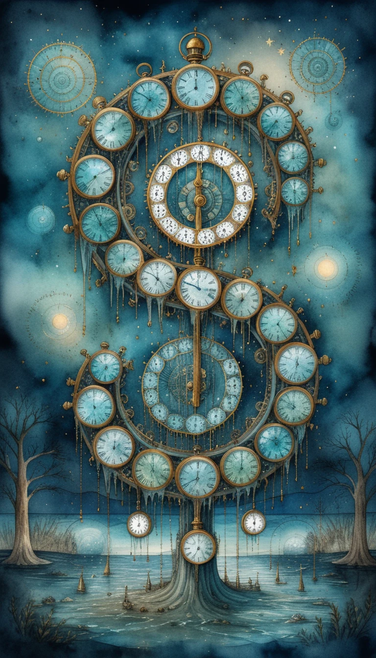 Máquina del tiempo steampunk surreal con ojo cósmico brillante