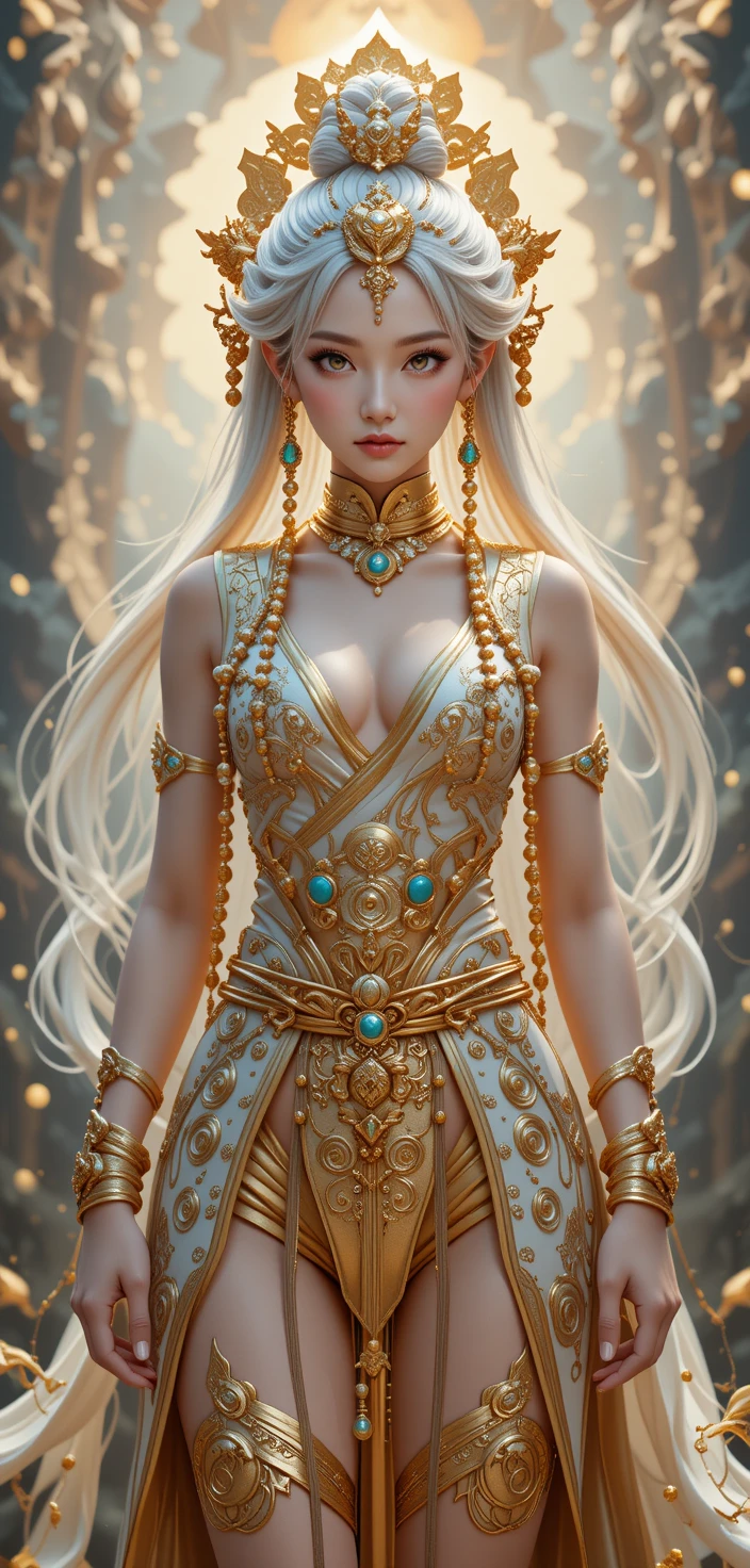 Mystical monk woman in ornate golden kasaya robes