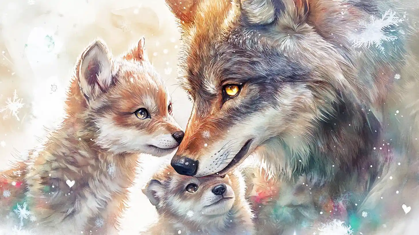 Watercolor wolves gently cuddling with adoring fluffy pups