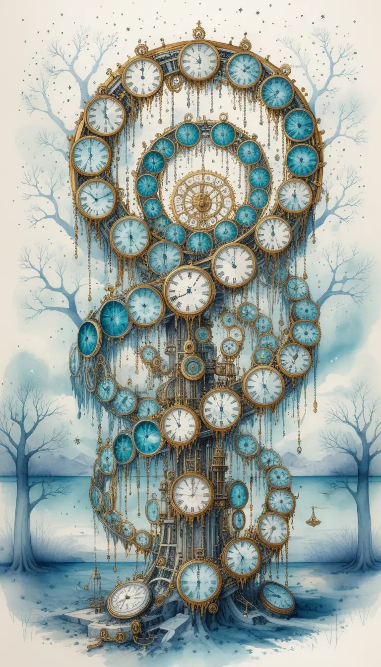 Máquina del tiempo steampunk surreal con fondo cósmico en acuarela