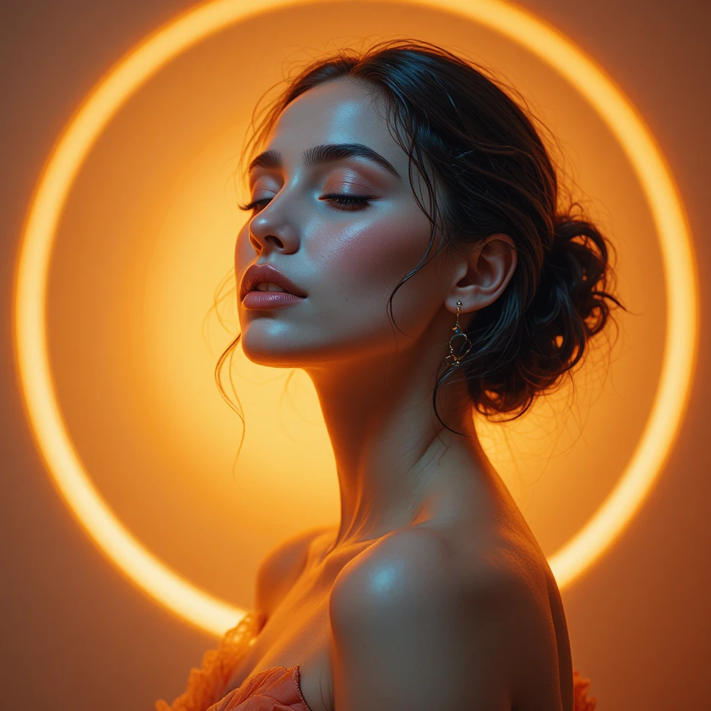 Serene studio portrait in radiant golden orange light