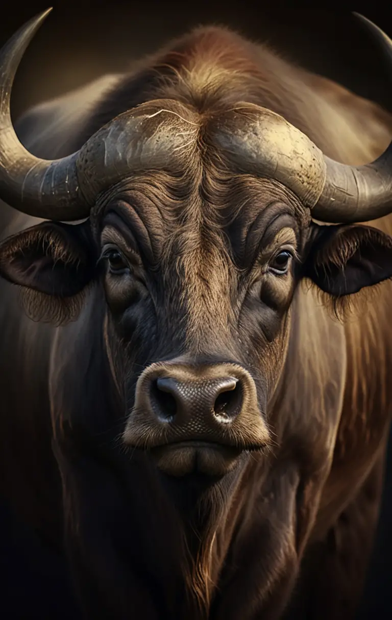 Majestic water buffalo portrait with dramatic curved horns