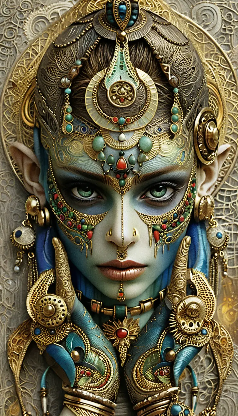 Cybernetic Egyptian goddess portrait with luminous turquoise skin