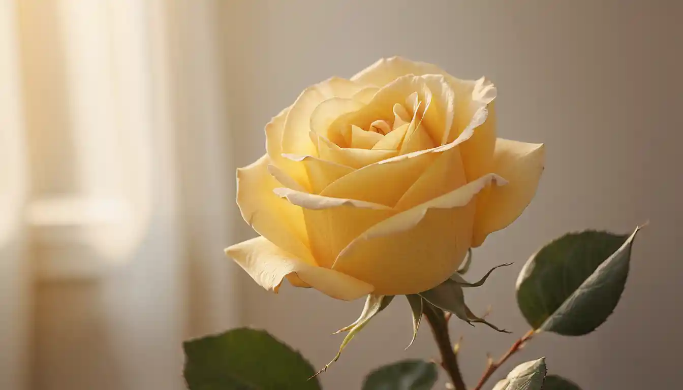 Rosa amarilla en suave luz de la mañana con enfoque suave