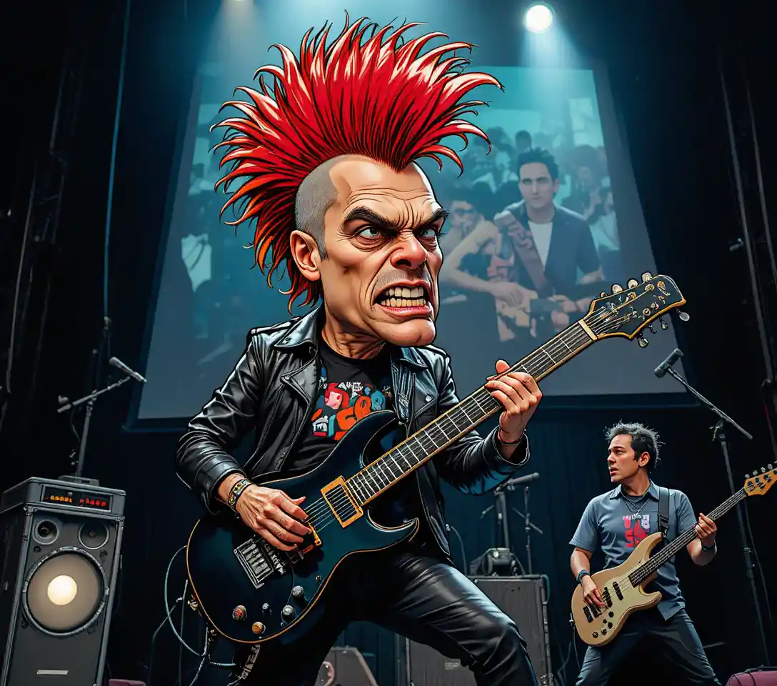 Guitarrista foca punk rockeando en un escenario oscuro