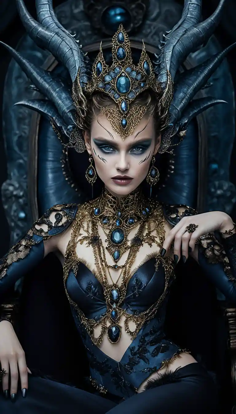 Regina demoniaca fantasy su trono barocco ornato – ritratto