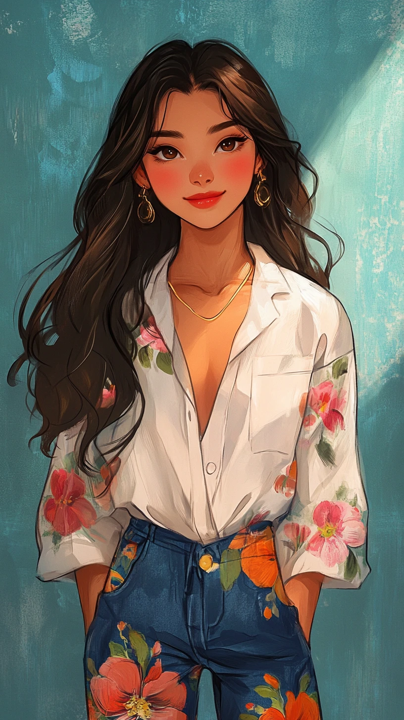 Smiling anime girl in floral shirt against teal wall