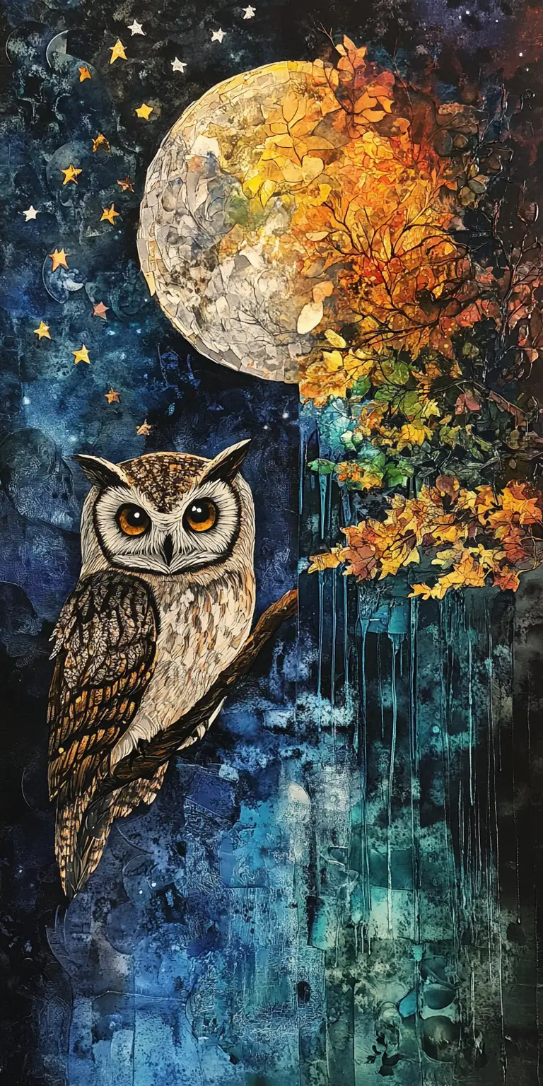 Surreal owl collage against a moonlit starry sky