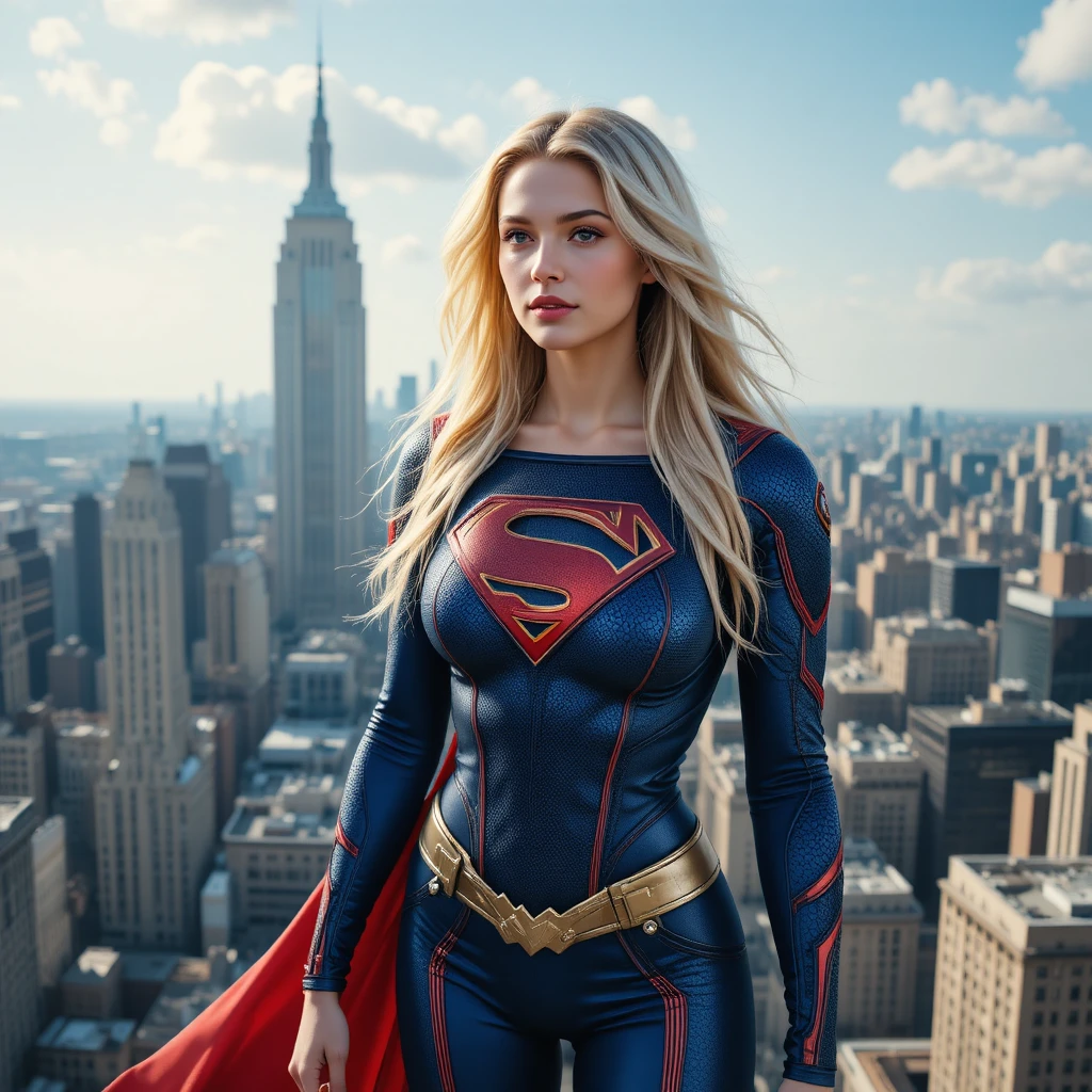 Supereroina bionda che osserva lo skyline della città