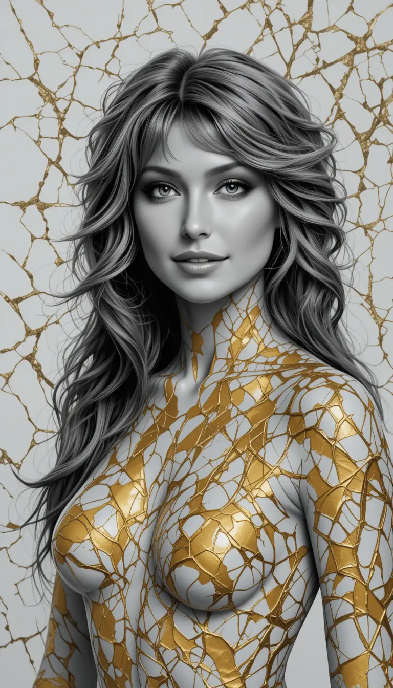 Monochrome girl with golden crack body art blending into background