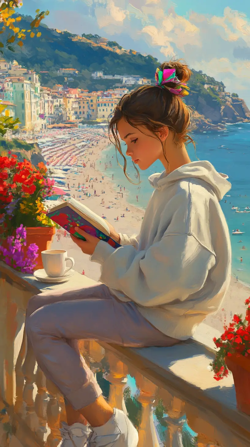 Girl Reading On Balcony Overlooking Italian Beachfront