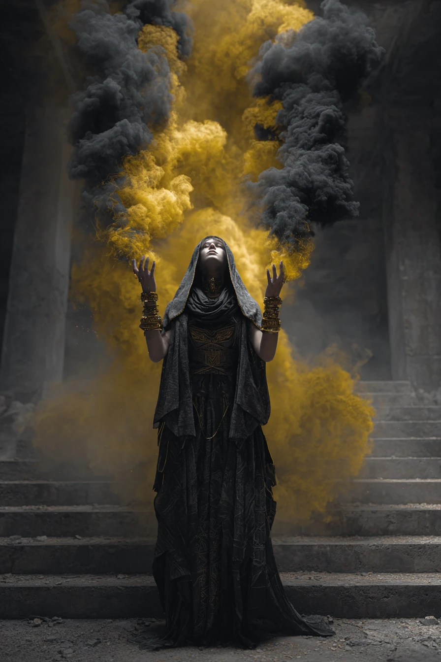 Hechicero oscuro invocando magia en un cementerio abandonado