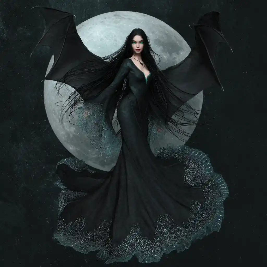 Vampiric goddess flying before a luminous silvery moon