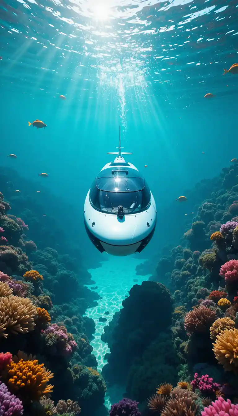 Sottomarino di lusso che scivola nelle limpide acque coralline delle Maldive