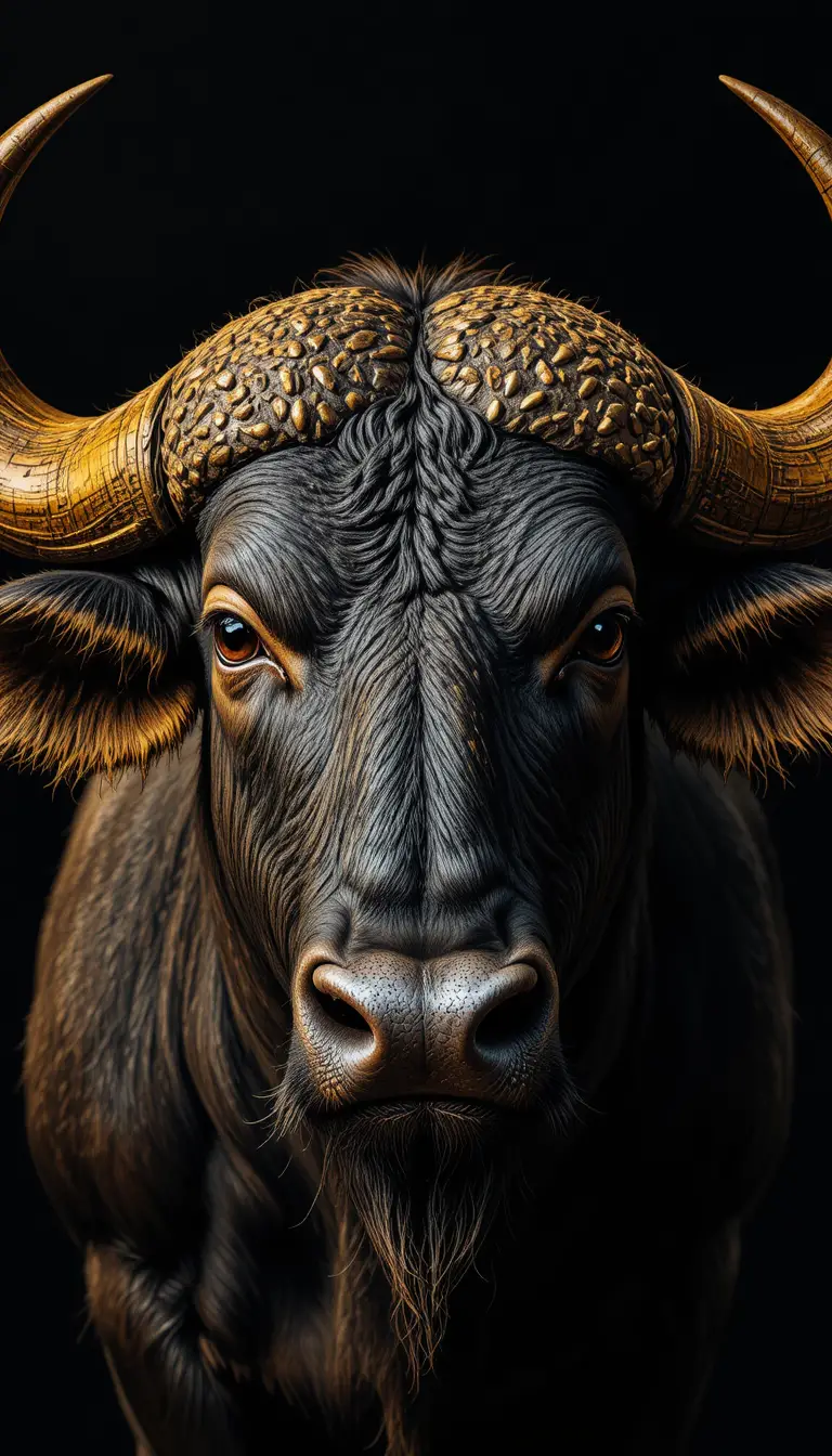 Majestic buffalo portrait with dramatic horns and shadows