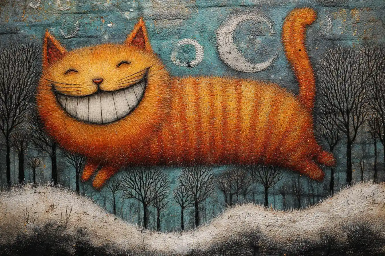 Gatto che ride scivolando giù per la collina in un enorme calzino di lana