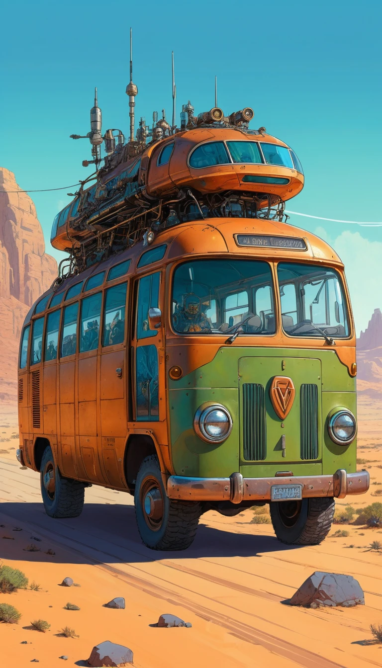 Enorme autobús mecánico avanza por un desierto luminoso
