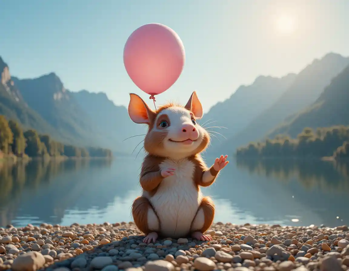 Cute hedgehog holding a pink balloon by a calm lake