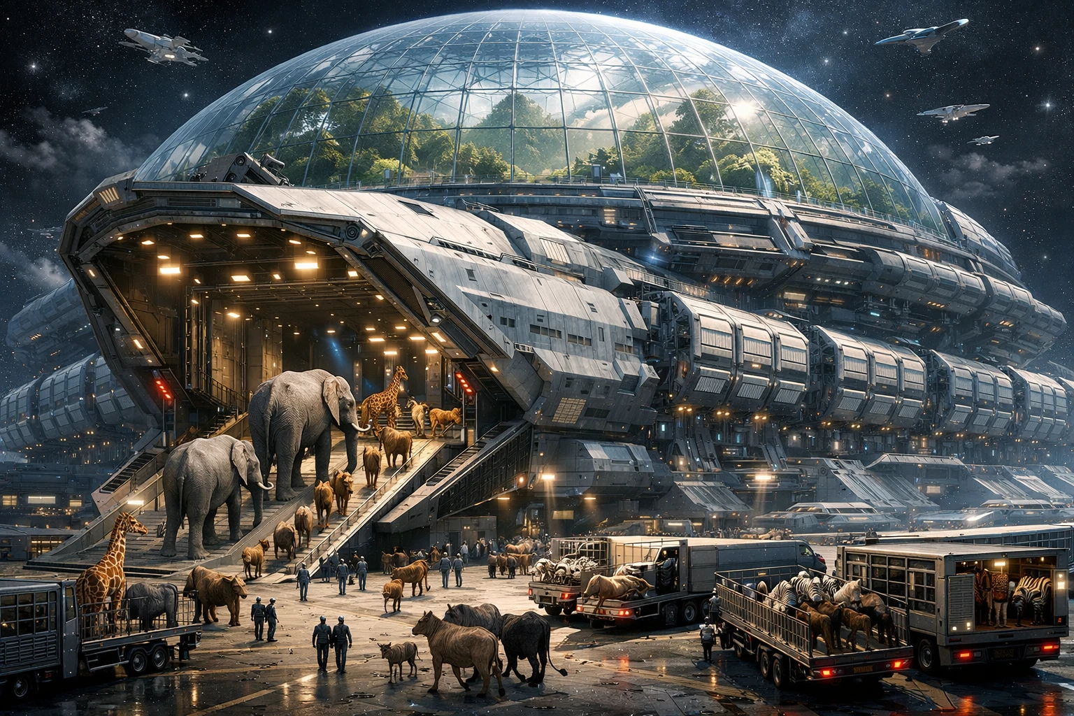 Gigantic cargo spaceship city with animals boarding ramps