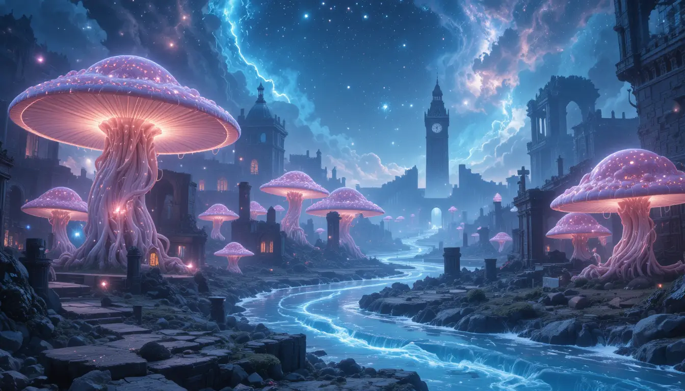 Surreal fantasy ruins with glowing mushrooms and clock tower