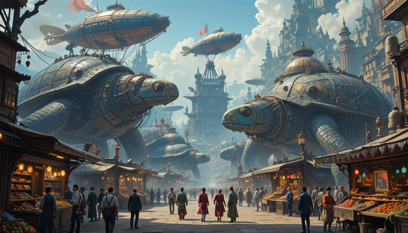 Bustling fantasy marketplace on colossal turtle city