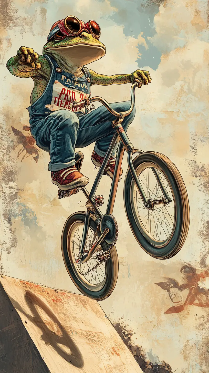Fearless frog jumping a bicycle off a high ramp