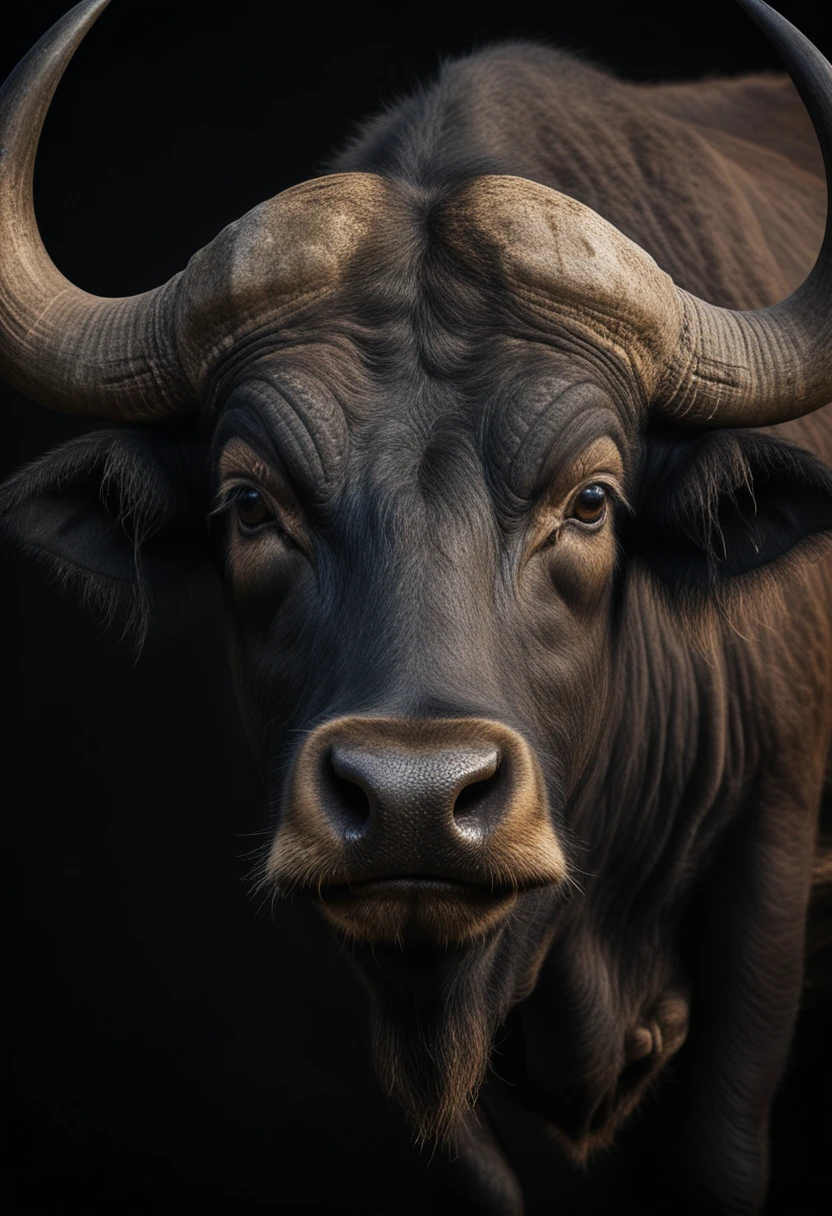 Majestic water buffalo portrait in dramatic close up lighting