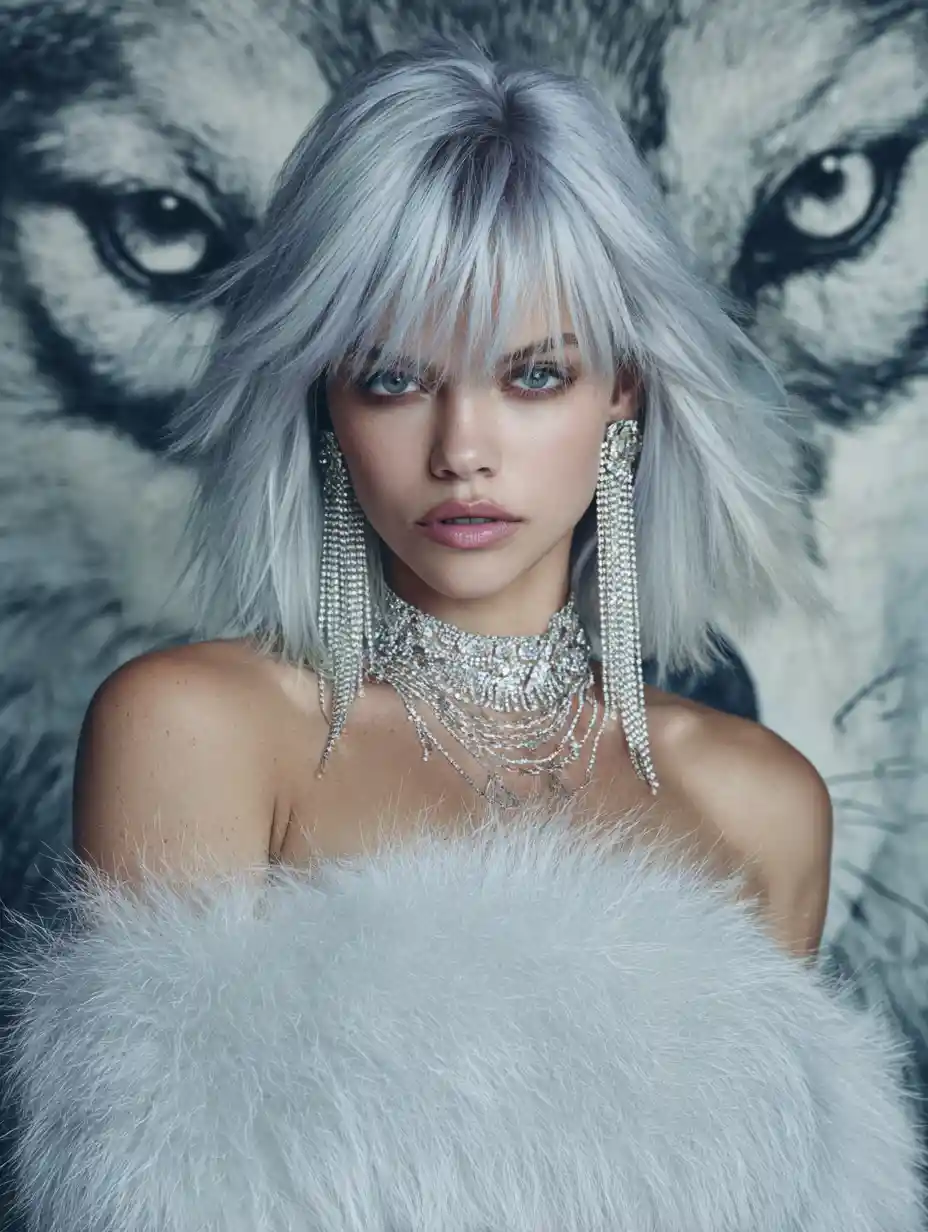 Mulher poderosa com cabelo inspirado em lobo e joias de diamante