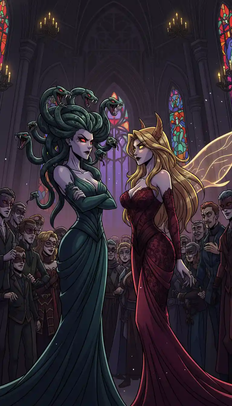 Medusa and succubus face off at a dark masquerade