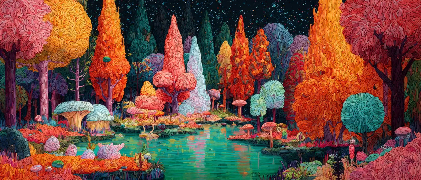 Whimsical surreal forest in glowing vaporwave colors