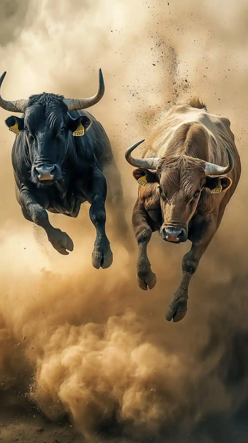 Two bulls colliding in mid air in a cloud of dust
