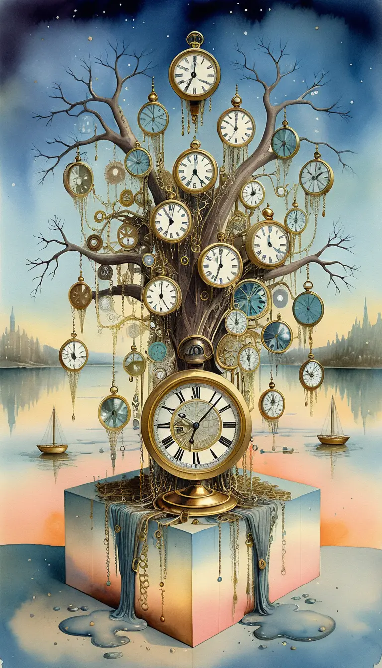 Máquina del tiempo steampunk surreal con fondo cósmico en acuarela