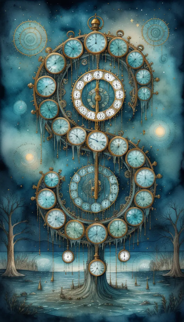 Máquina del tiempo steampunk surreal con ojo cósmico brillante