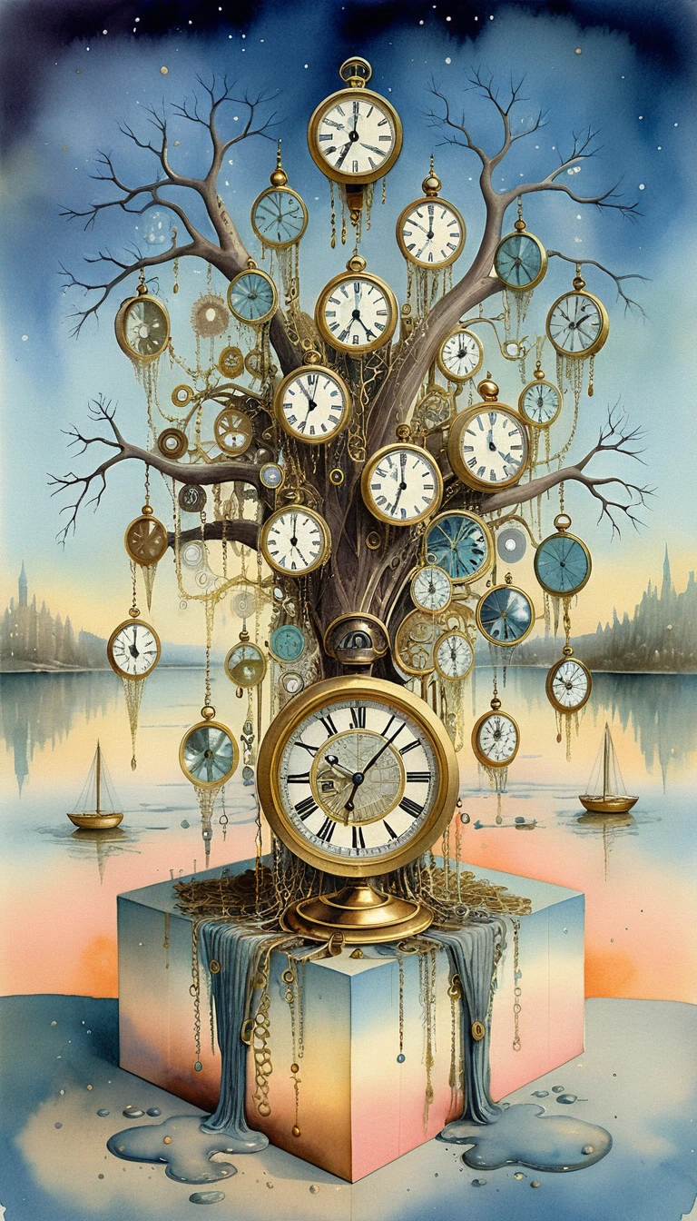 Máquina del tiempo steampunk surreal con fondo cósmico en acuarela