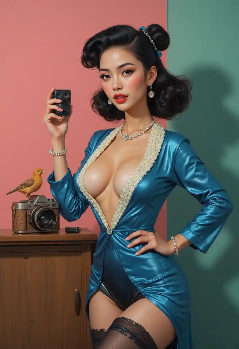 Mulher asiática de lingerie branca posando contra parede verde