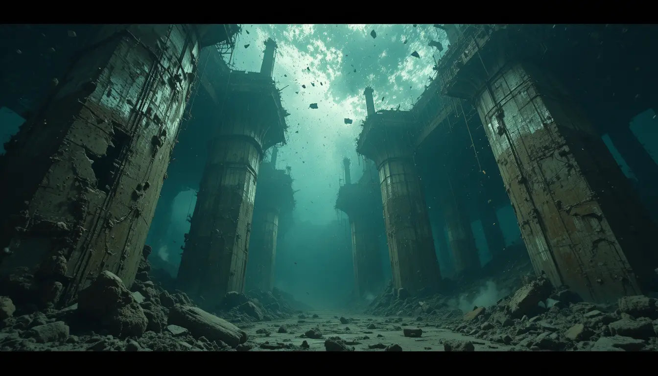 Collapsing underwater pillars seen through dark debris filled water