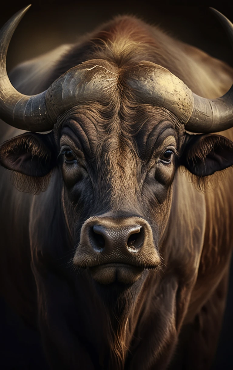 Majestic water buffalo portrait with dramatic curved horns