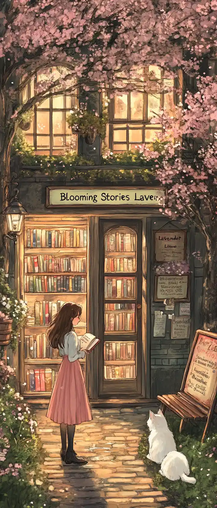 Cozy watercolor bookstore on a lantern lit blossom street