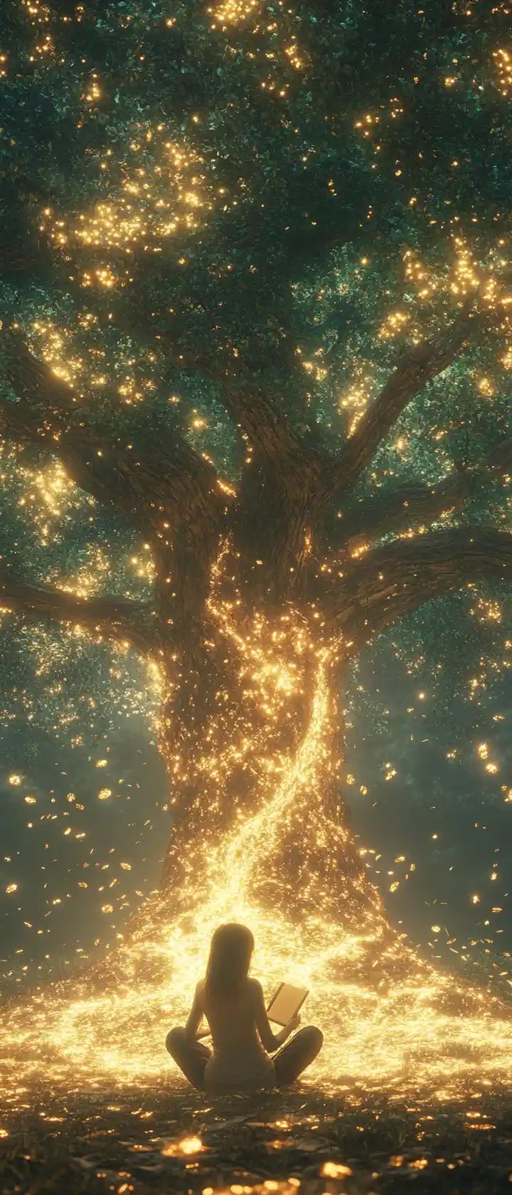 Girl Reading Beneath A Luminous Fantasy Life Tree