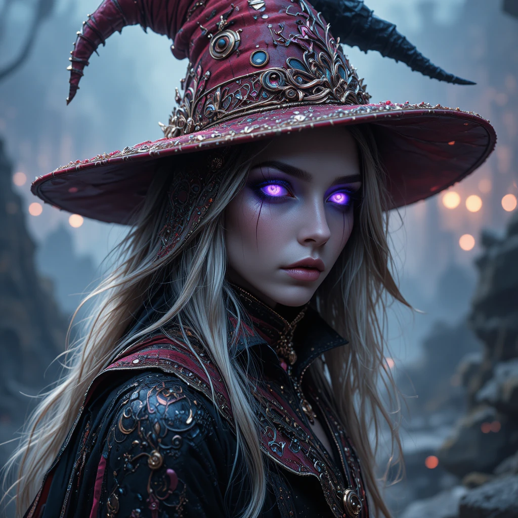Mystisches Hexenmeister-Porträt mit leuchtend violetten Augen und Uschanka