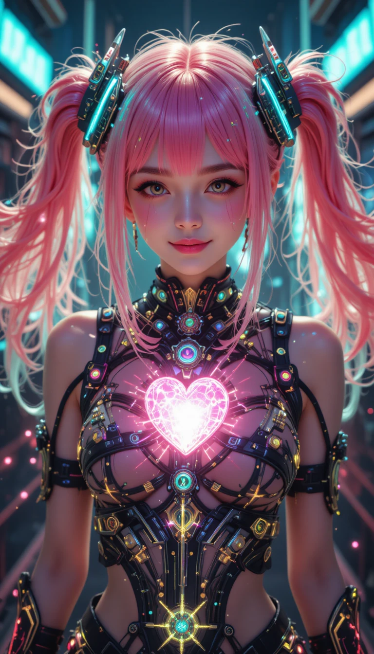 Cyberpunk anime girl with neon pink hair and circuits