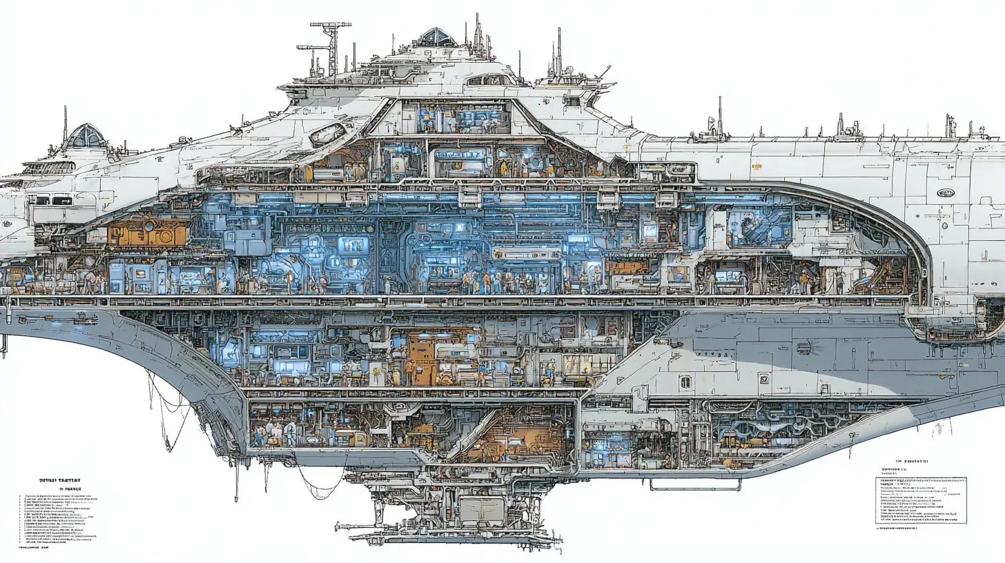 Detailed cross section of a gigantic futuristic spaceship interior